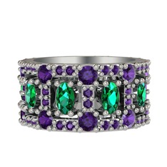 Yeşil kuvars ve ametist 8 ayar beyaz altın yüzük