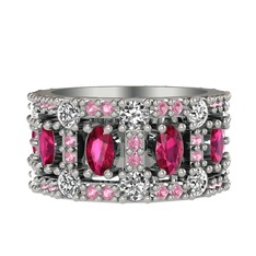 Zelie Tamtur Yüzük - Rodolit garnet, beyaz zirkon ve pembe kuvars 14 ayar beyaz altın yüzük #el04k0