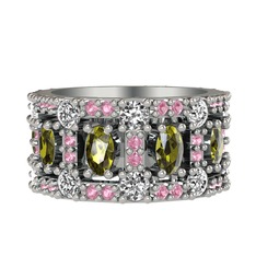 Peridot, pırlanta ve pembe kuvars 14 ayar beyaz altın yüzük (1.76 karat)