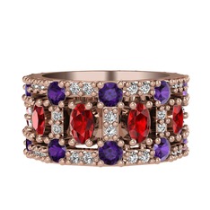 Garnet, ametist ve beyaz zirkon 8 ayar rose altın yüzük