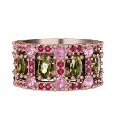 Zelie Tamtur Yüzük - Peridot, pembe kuvars ve rodolit garnet 8 ayar rose altın yüzük #fkoef3