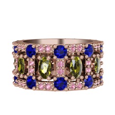 Peridot, lab safir ve pembe kuvars 18 ayar rose altın yüzük