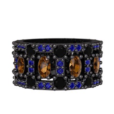 Zelie Tamtur Yüzük - Dumanlı kuvars, siyah zirkon ve lab safir 925 ayar siyah rodyum kaplama gümüş yüzük #ga88x4