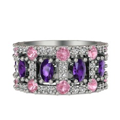 Zelie Tamtur Yüzük - Ametist, pembe kuvars ve swarovski 8 ayar beyaz altın yüzük #hh26y6