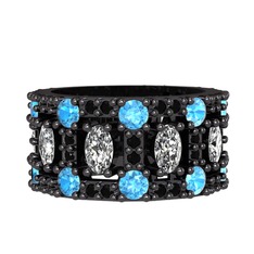 Zelie Tamtur Yüzük - Beyaz zirkon, akuamarin ve siyah zirkon 925 ayar siyah rodyum kaplama gümüş yüzük #hwnk08