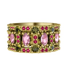 Zelie Tamtur Yüzük - Pembe kuvars, peridot ve rodolit garnet 14 ayar altın yüzük #i3naaa