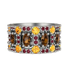 Zelie Tamtur Yüzük - Dumanlı kuvars, sitrin ve kök yakut 18 ayar beyaz altın yüzük #j285ti