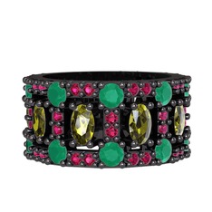 Zelie Tamtur Yüzük - Peridot, kök zümrüt ve rodolit garnet 925 ayar siyah rodyum kaplama gümüş yüzük #k0drxd