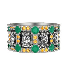 Zelie Tamtur Yüzük - Beyaz zirkon, kök zümrüt ve sitrin 14 ayar beyaz altın yüzük #m1uc5a