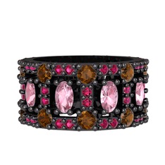 Zelie Tamtur Yüzük - Pembe kuvars, dumanlı kuvars ve rodolit garnet 925 ayar siyah rodyum kaplama gümüş yüzük #m66u1c