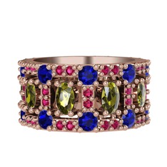 Peridot, lab safir ve rodolit garnet 8 ayar rose altın yüzük