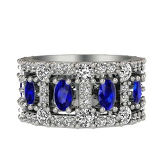 Lab safir, beyaz zirkon ve swarovski 14 ayar beyaz altın yüzük