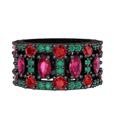 Zelie Tamtur Yüzük - Rodolit garnet, garnet ve kök zümrüt 925 ayar siyah rodyum kaplama gümüş yüzük #pcneke