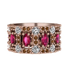 Rodolit garnet, beyaz zirkon ve dumanlı kuvars 14 ayar rose altın yüzük