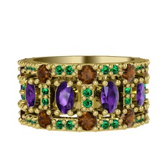 Zelie Tamtur Yüzük - Ametist, dumanlı kuvars ve yeşil kuvars 8 ayar altın yüzük #r3836n