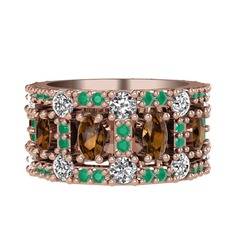 Zelie Tamtur Yüzük - Dumanlı kuvars, beyaz zirkon ve kök zümrüt 18 ayar rose altın yüzük #rcvwgw