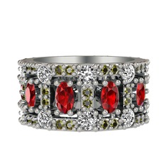 Zelie Tamtur Yüzük - Garnet, pırlanta ve peridot 18 ayar beyaz altın yüzük (1.76 karat) #sjdys7