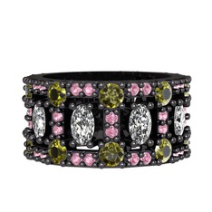 Zelie Tamtur Yüzük - Swarovski, peridot ve pembe kuvars 925 ayar siyah rodyum kaplama gümüş yüzük #sx07rv