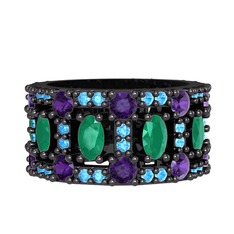 Zelie Tamtur Yüzük - Kök zümrüt, ametist ve akuamarin 925 ayar siyah rodyum kaplama gümüş yüzük #tjn3gr