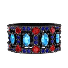 Akuamarin, garnet ve lab safir 925 ayar siyah rodyum kaplama gümüş yüzük