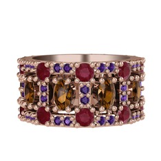 Zelie Tamtur Yüzük - Dumanlı kuvars, kök yakut ve ametist 925 ayar rose altın kaplama gümüş yüzük #v2zm42