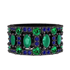 Kök zümrüt, yeşil kuvars ve lab safir 925 ayar siyah rodyum kaplama gümüş yüzük