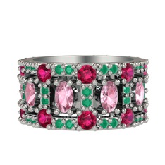 Zelie Tamtur Yüzük - Pembe kuvars, rodolit garnet ve kök zümrüt 14 ayar beyaz altın yüzük #vdd4ef