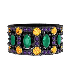 Kök zümrüt, sitrin ve ametist 925 ayar siyah rodyum kaplama gümüş yüzük