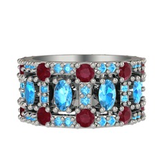 Akuamarin ve kök yakut 8 ayar beyaz altın yüzük