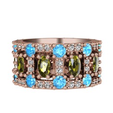 Peridot, akuamarin ve beyaz zirkon 14 ayar rose altın yüzük