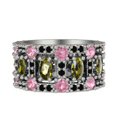 Peridot, pembe kuvars ve siyah zirkon 925 ayar gümüş yüzük