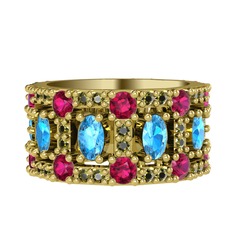 Akuamarin, rodolit garnet ve peridot 18 ayar altın yüzük