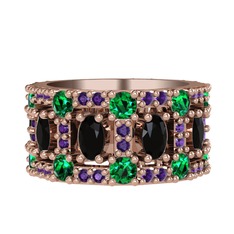 Zelie Tamtur Yüzük - Siyah zirkon, yeşil kuvars ve ametist 14 ayar rose altın yüzük #yghs9p