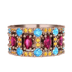 Rodolit garnet, akuamarin ve sitrin 8 ayar rose altın yüzük