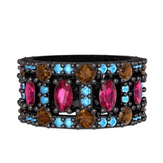 Zelie Tamtur Yüzük - Rodolit garnet, dumanlı kuvars ve akuamarin 925 ayar siyah rodyum kaplama gümüş yüzük #yv5gjz