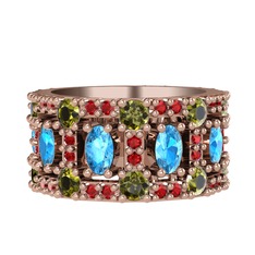 Akuamarin, peridot ve garnet 14 ayar rose altın yüzük