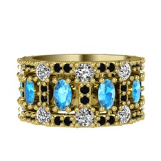 Akuamarin, pırlanta ve siyah zirkon 18 ayar altın yüzük (1.76 karat)