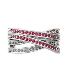 Rodolit garnet ve beyaz zirkon 18 ayar beyaz altın yüzük