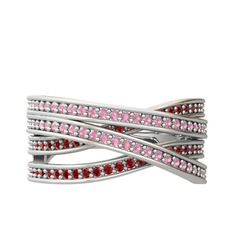 Pembe kuvars ve garnet 8 ayar beyaz altın yüzük