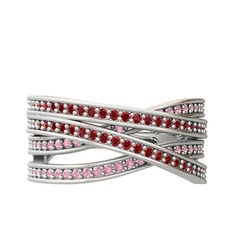 Garnet ve pembe kuvars 8 ayar beyaz altın yüzük