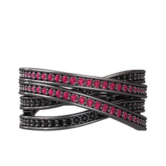 Rhys Yüzük - Rodolit garnet ve siyah zirkon 925 ayar siyah rodyum kaplama gümüş yüzük #1c90gvd