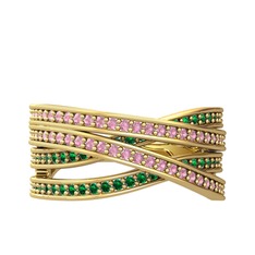 Pembe kuvars ve yeşil kuvars 925 ayar altın kaplama gümüş yüzük