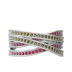 Rhys Yüzük - Peridot ve rodolit garnet 18 ayar beyaz altın yüzük #1htetxm