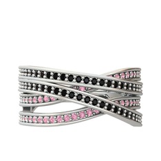 Siyah zirkon ve pembe kuvars 8 ayar beyaz altın yüzük