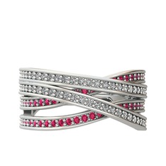 Beyaz zirkon ve rodolit garnet 18 ayar beyaz altın yüzük
