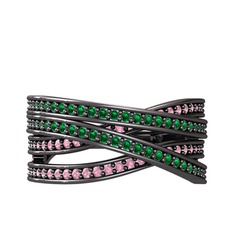 Rhys Yüzük - Yeşil kuvars ve pembe kuvars 925 ayar siyah rodyum kaplama gümüş yüzük #6o74m8