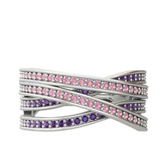 Rhys Yüzük - Pembe kuvars ve ametist 18 ayar beyaz altın yüzük #bm2o3g