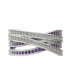 Swarovski ve ametist 18 ayar beyaz altın yüzük