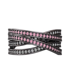 Pembe kuvars ve swarovski 925 ayar siyah rodyum kaplama gümüş yüzük