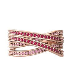 Rodolit garnet ve pembe kuvars 925 ayar rose altın kaplama gümüş yüzük